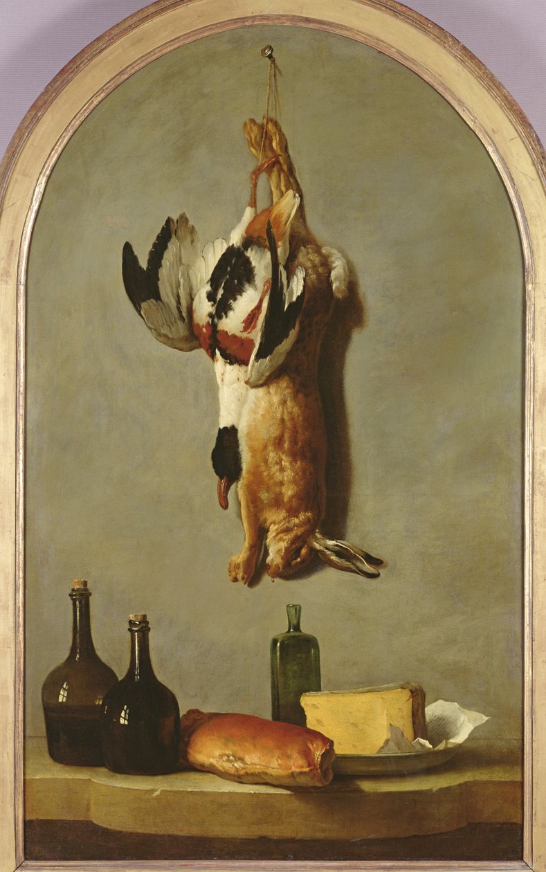 Stilleven (haas, eend, flessen, brood en kaas), 1742 door Jean Baptiste Oudry