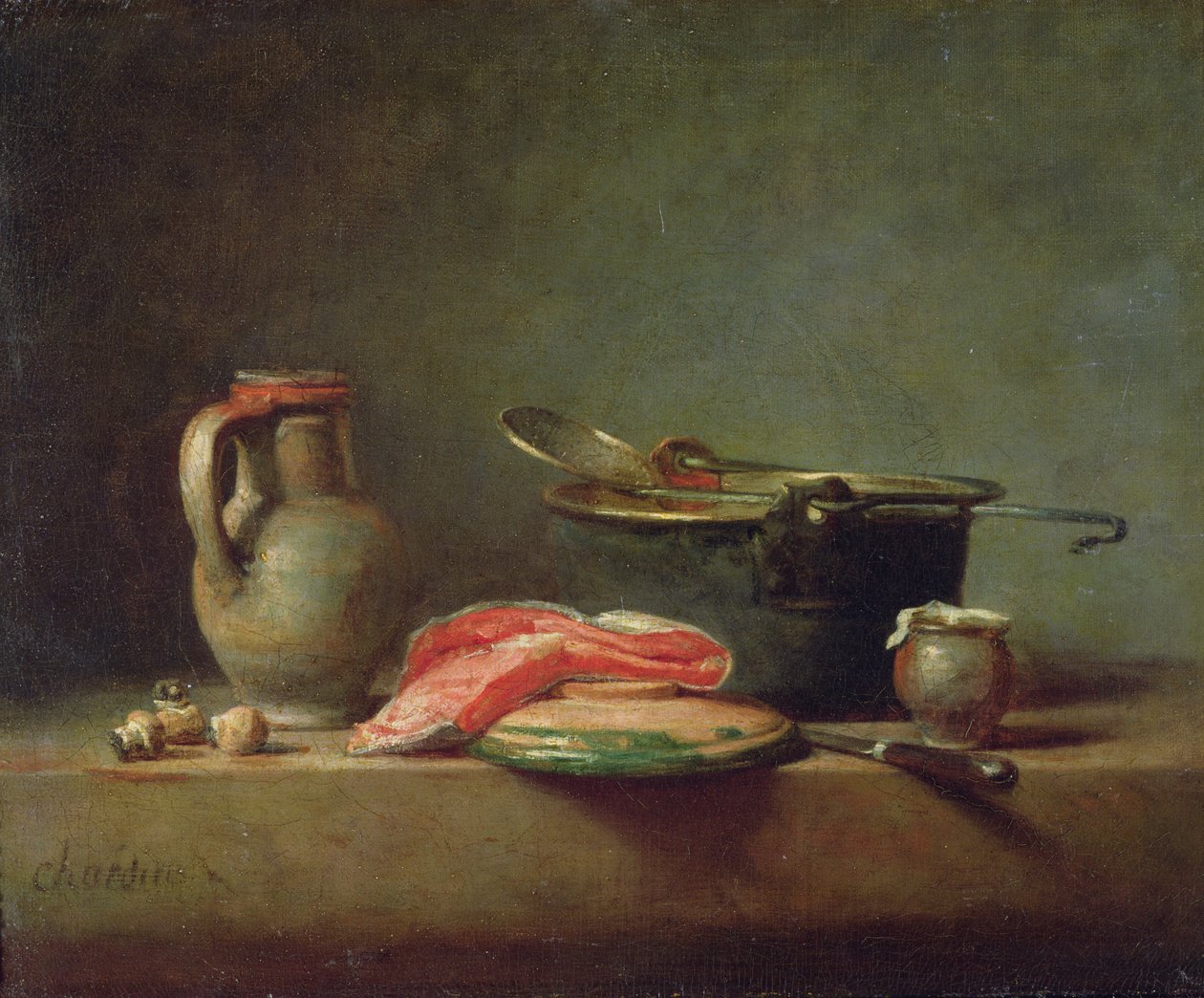Koperen ketel met een kan en een stuk zalm door Jean-Baptiste Simeon Chardin