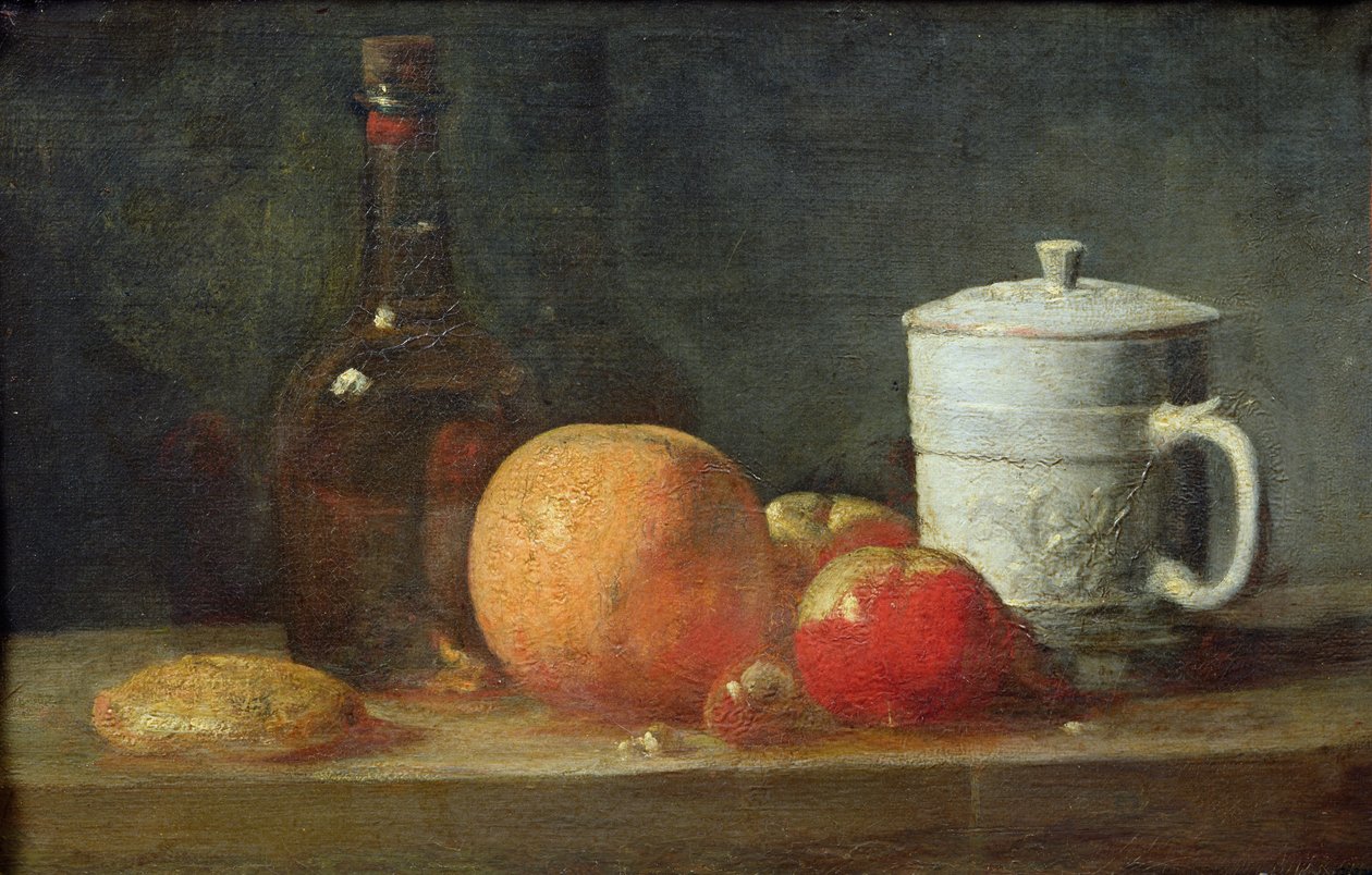 Stilleven met fruit en wijnfles door Jean Baptiste Simeon Chardin