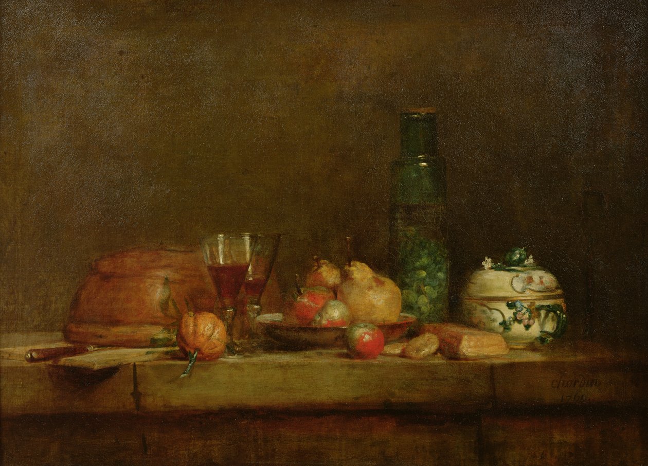 Stilleven met een fles olijven, 1760 door Jean Baptiste Simeon Chardin