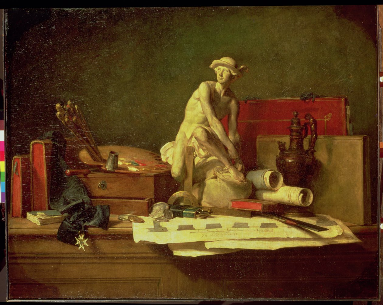 Stilleven met de attributen van de kunsten, 1766 door Jean-Baptiste Simeon Chardin