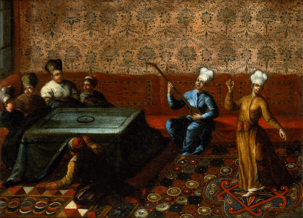 Figuren Verzameld Rond een Kursi met een Muzikant en een Danser die Voor Hen Optreden door Jean Baptiste Vanmour