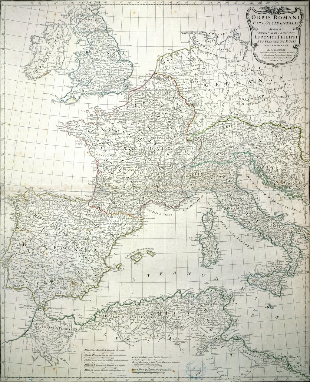 Kaart van het westelijke deel van het Romeinse Rijk, 1763 door Jean Baptiste d