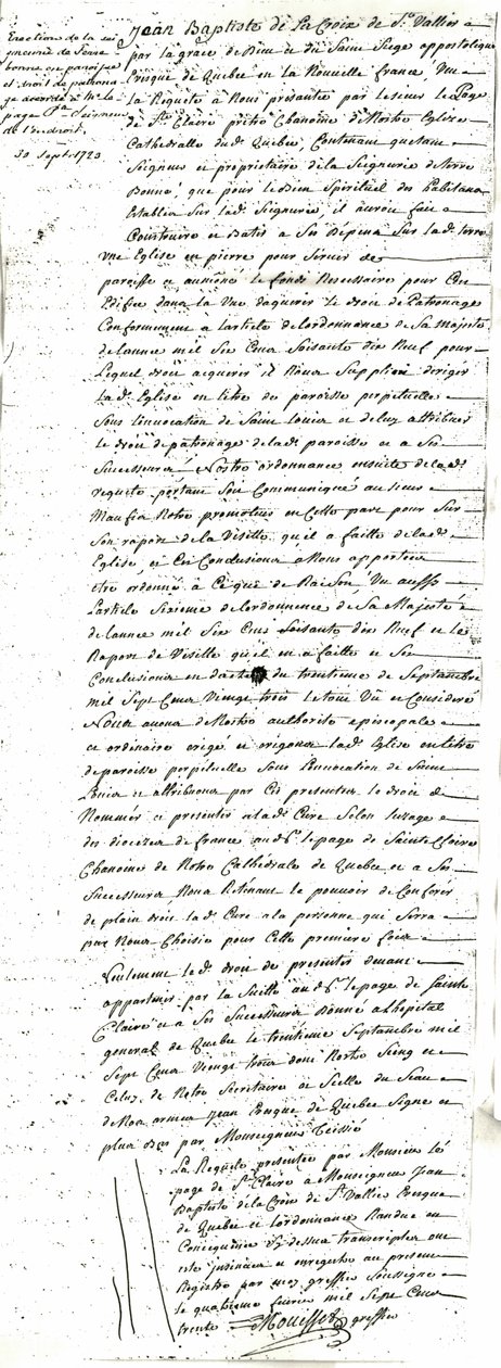 Besluit tot oprichting van de parochie Saint-Louis-de-France van Terrebonne door Jean Baptiste de La Croix