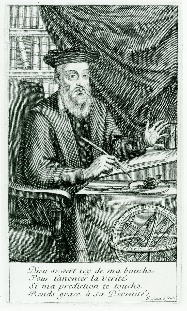 Michel de Nostredame (Nostradamus) (1503-66) schrijft zijn profetieën, gegraveerd door Jean Sauve (fl.1660-91) door Jean Boulanger