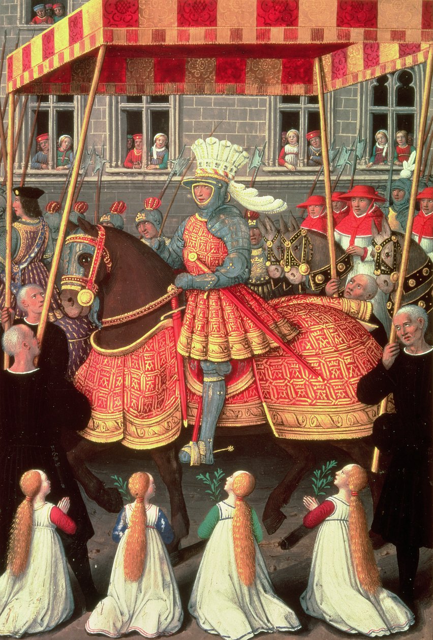 Lodewijk XII (1462-1515) betreedt Genua onder een baldakijn, gevolgd door vier kardinalen, uit de 