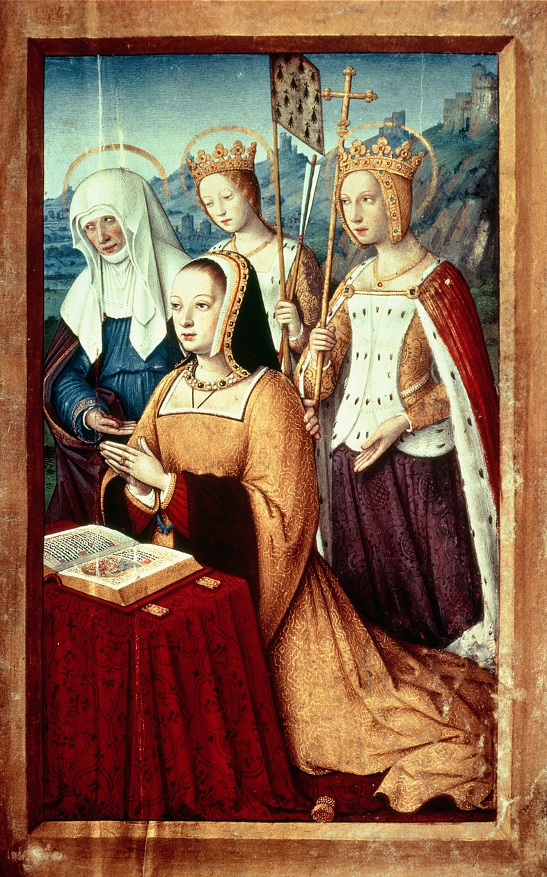 Ms lat 9474 f.3v Anne van Bretagne met St. Anne, St. Ursula en St. Helen, miniatuur uit de Grandes Heures van Anne van Bretagne, c.1503-8 door Jean Bourdichon
