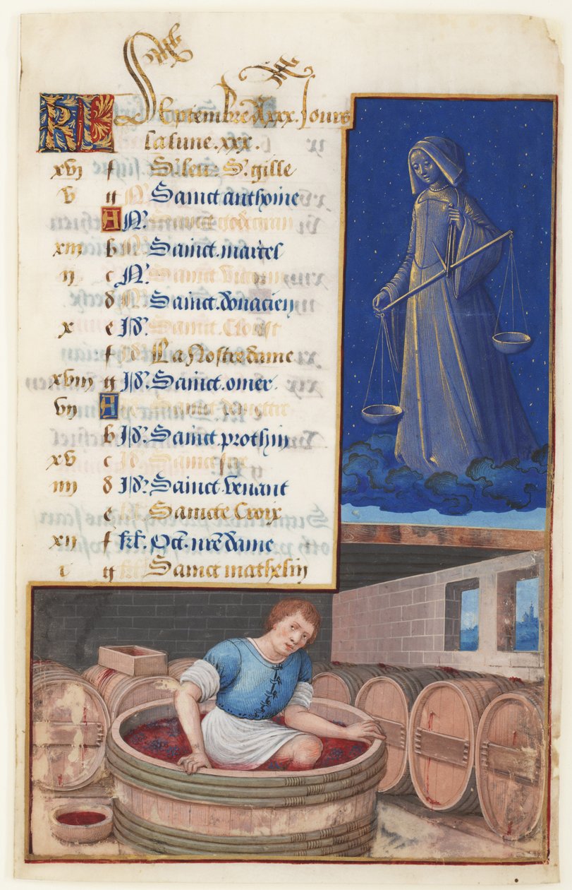Maagd en Druiven Treden, Kalender voor de feestdagen gevierd in september, c.1500 door Jean Bourdichon