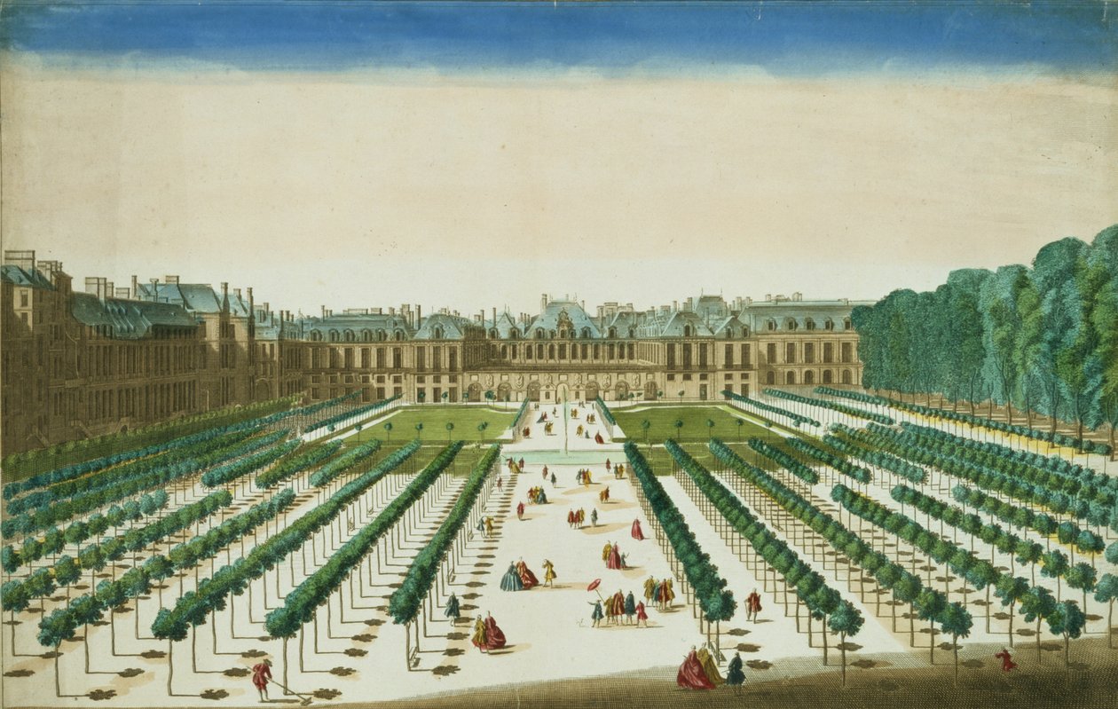 Uitzicht en perspectief van het Palais Royal vanaf de tuinzijde, gegraveerd door Antoine Aveline (1691-1743) door Jean Chaufourier