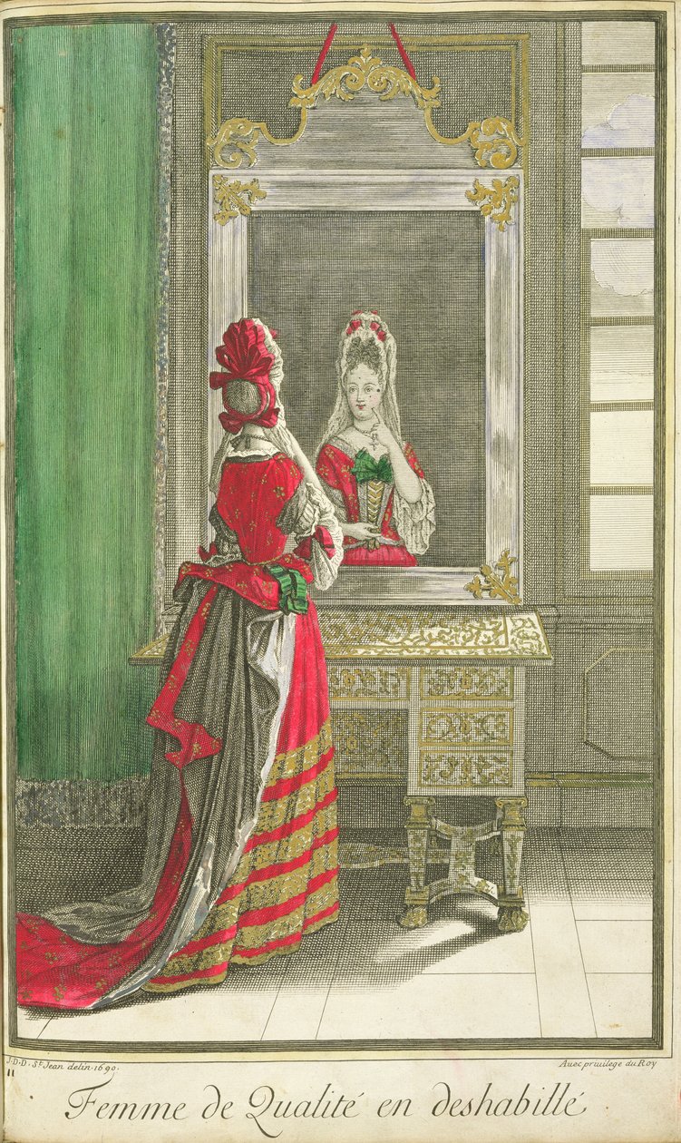 Dame die in de Spiegel Kijkt, gepubliceerd ca.1688-90 door Jean Dieu de Saint Jean