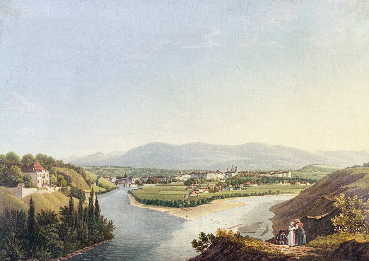 Uitzicht op Genève vanaf de samenvloeiing van de Rhône en de Arve, gegraveerd door Friedrich Salathe (1793-1860) door Jean Dubois
