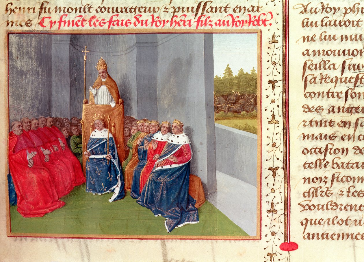 Ms Fr 6465 Fol.174 Urbanus II (c.1035-99) predikt de kruistocht in Clermont in aanwezigheid van koning Filips I (1053-1108) van Frankrijk in 1095, uit 