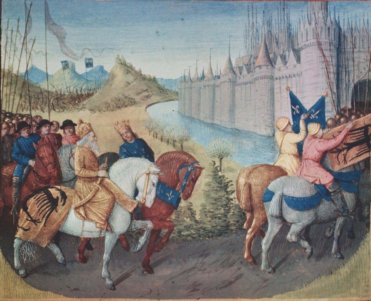 Ms Fr. 6465 fol.202 Intocht van Lodewijk VII (ca.1120-80) Koning van Frankrijk en Koenraad III (1093-1152) Koning van Duitsland in Constantinopel tijdens de Kruistochten, 1147-49 door Jean Fouquet