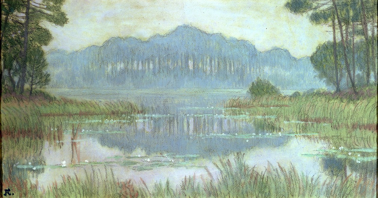 Landschap met overwoekerde vijver, ca. 1900 door Jean Francis Auburtin
