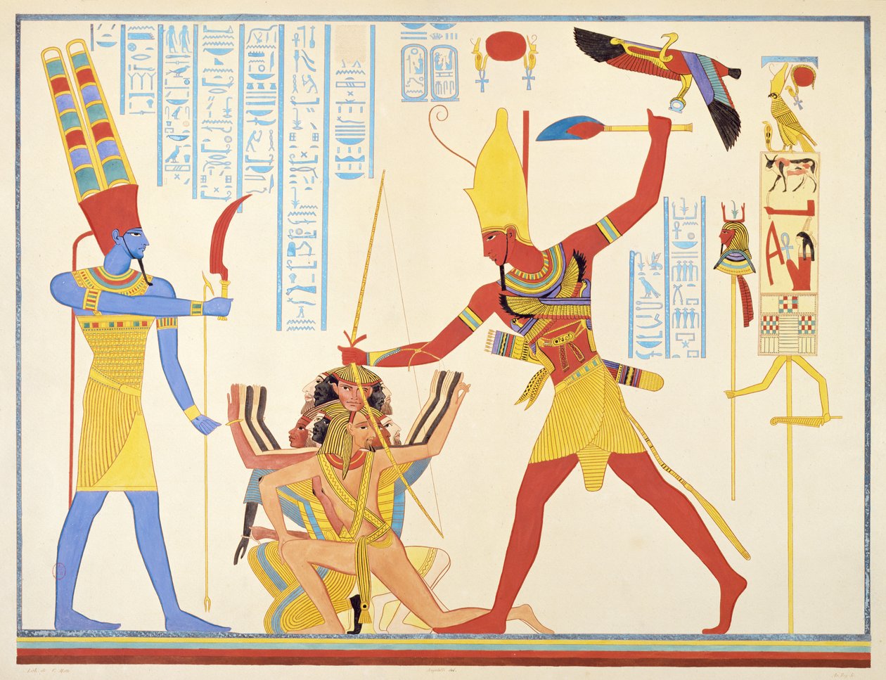 De god Amon biedt een sikkelwapen aan de farao Ramses III terwijl hij twee gevangengenomen vijanden slaat, 1835-45 door Jean Francois Champollion