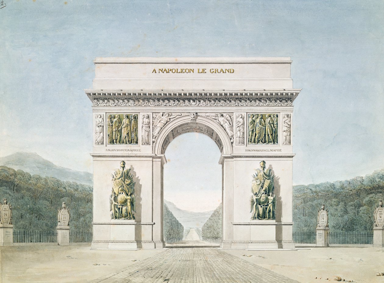 Ontwerp voor de Arc de Triomphe met een bosrijke achtergrond door Jean Francois Therese Chalgrin