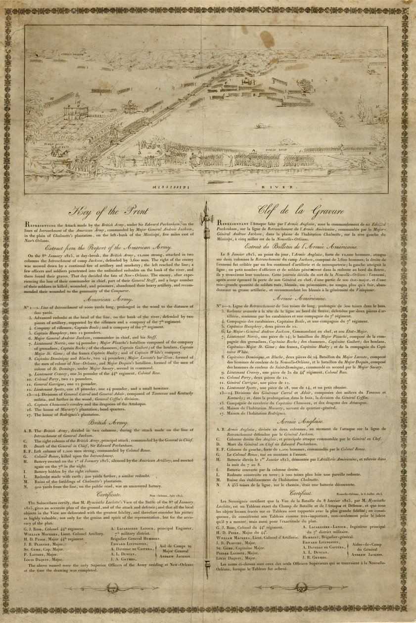 Uitzicht op de slag bij de plantage van Chalmette door Jean Hyacinthe Laclotte