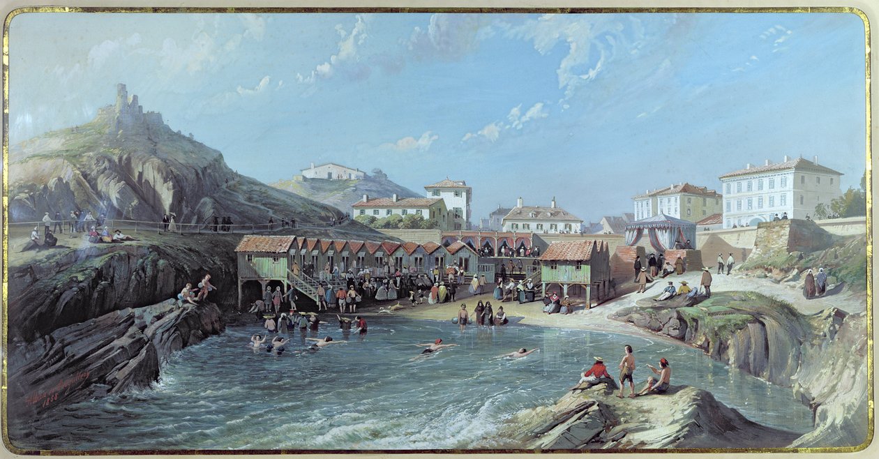 Het Begin van Zeezwemmen in de Oude Haven van Biarritz, 1858 door Jean Jacques Alban de Lesgallery