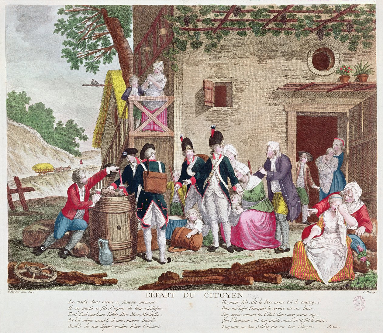 Het vertrek van de burger, 1792 (kleurgravure) door Jean Jacques Francois Le Barbier