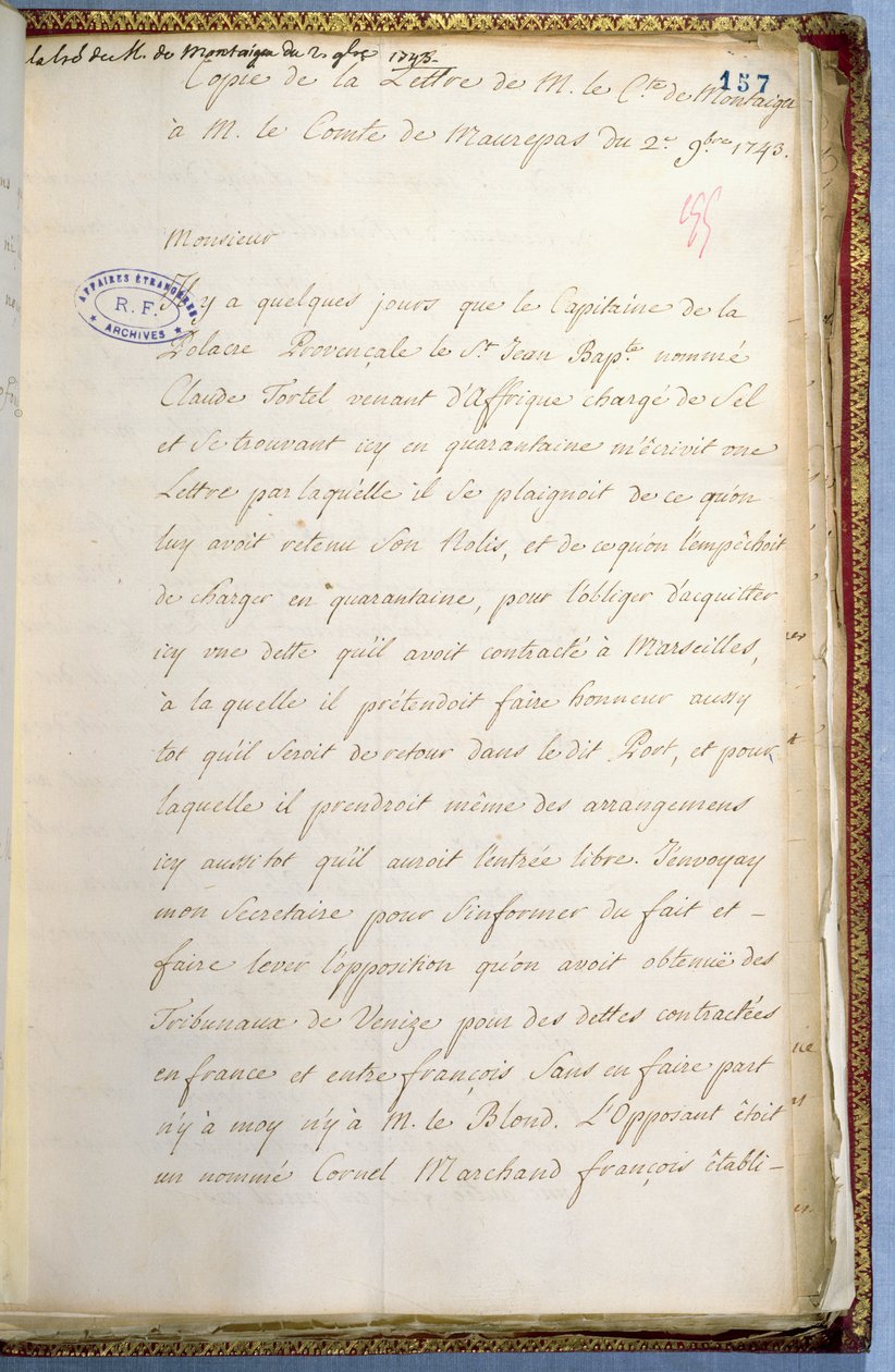 Brief geschreven door Jean-Jacques Rousseau terwijl hij secretaris was van de Franse Ambassadeur in Venetië, oktober 1743 door Jean Jacques Rousseau