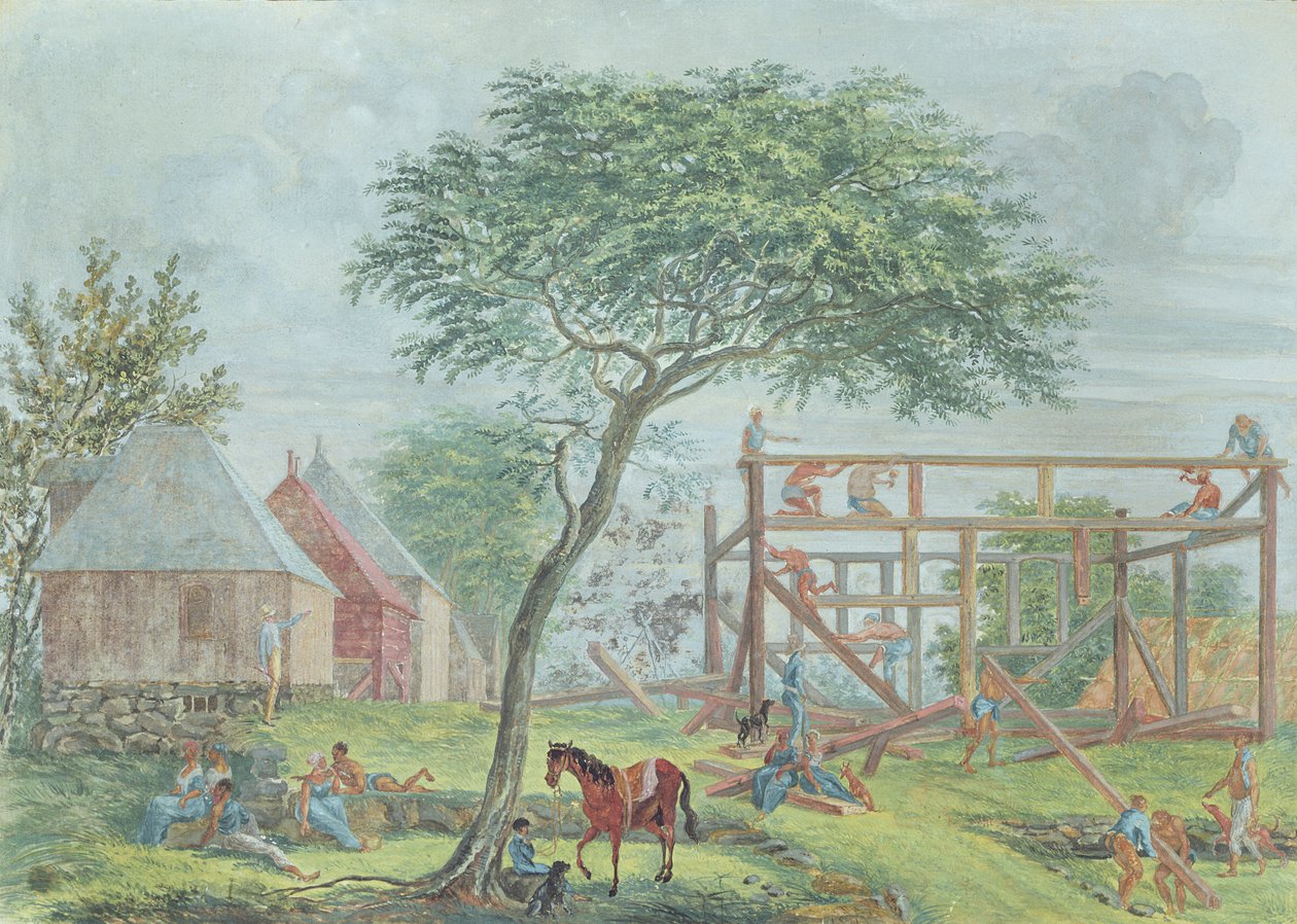 Een huis bouwen op het Ile de la Reunion, c.1810-15 door Jean-Joseph Patu de Rosemont