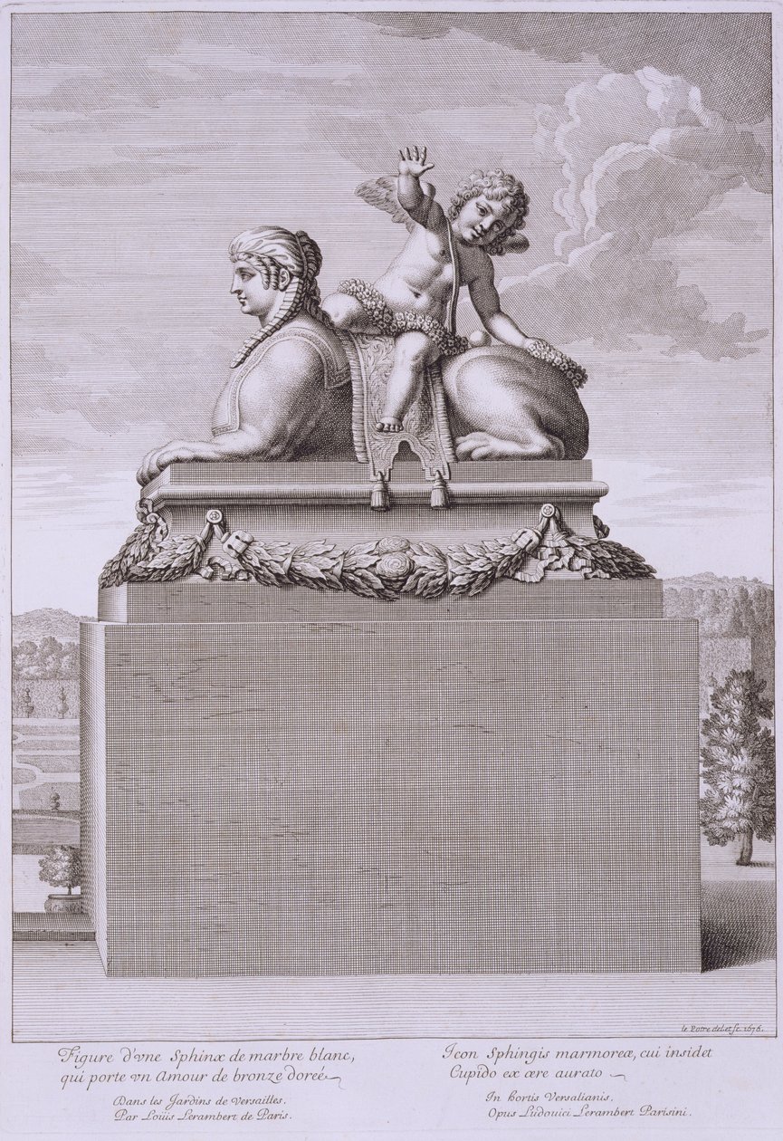 Beeld van een sfinx in wit marmer, met een bronzen Cupido, in Versailles, 1676, uit 