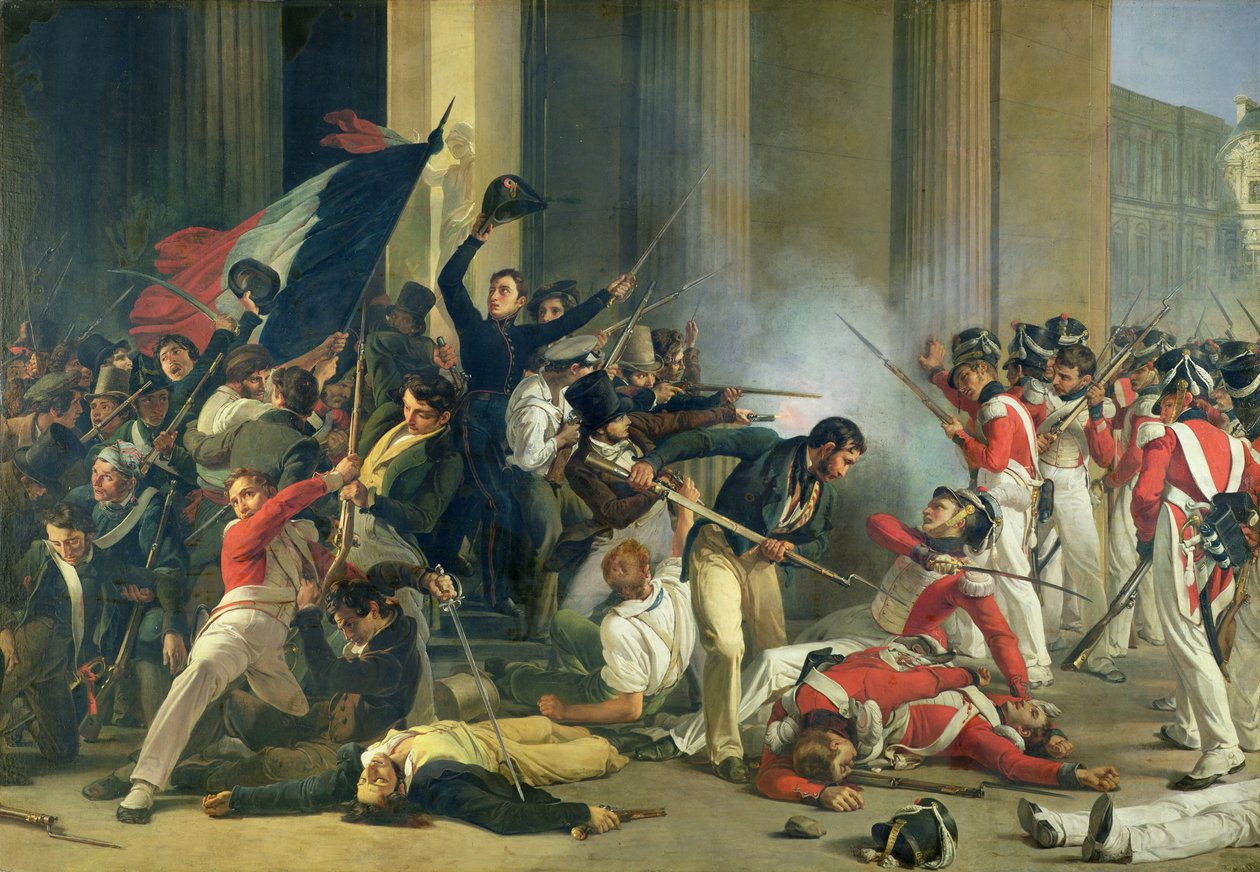 Scène van de Revolutie van 1830 in het Louvre door Jean Louis Bezard