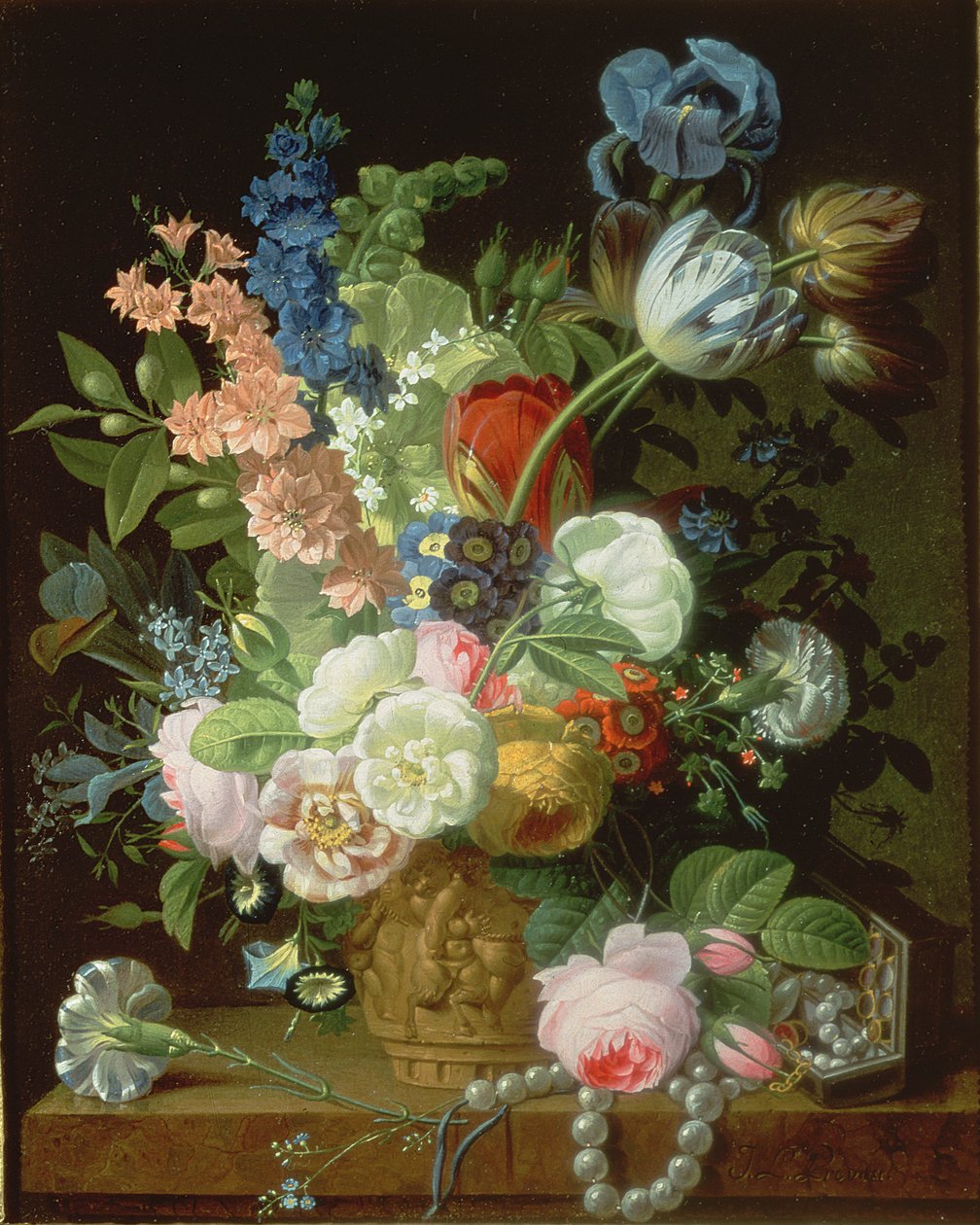 Stilleven van rozen, tulpen, anjers, violieren en andere bloemen in een decoratieve urn, rustend op een stenen richel door Jean Louis Prevost