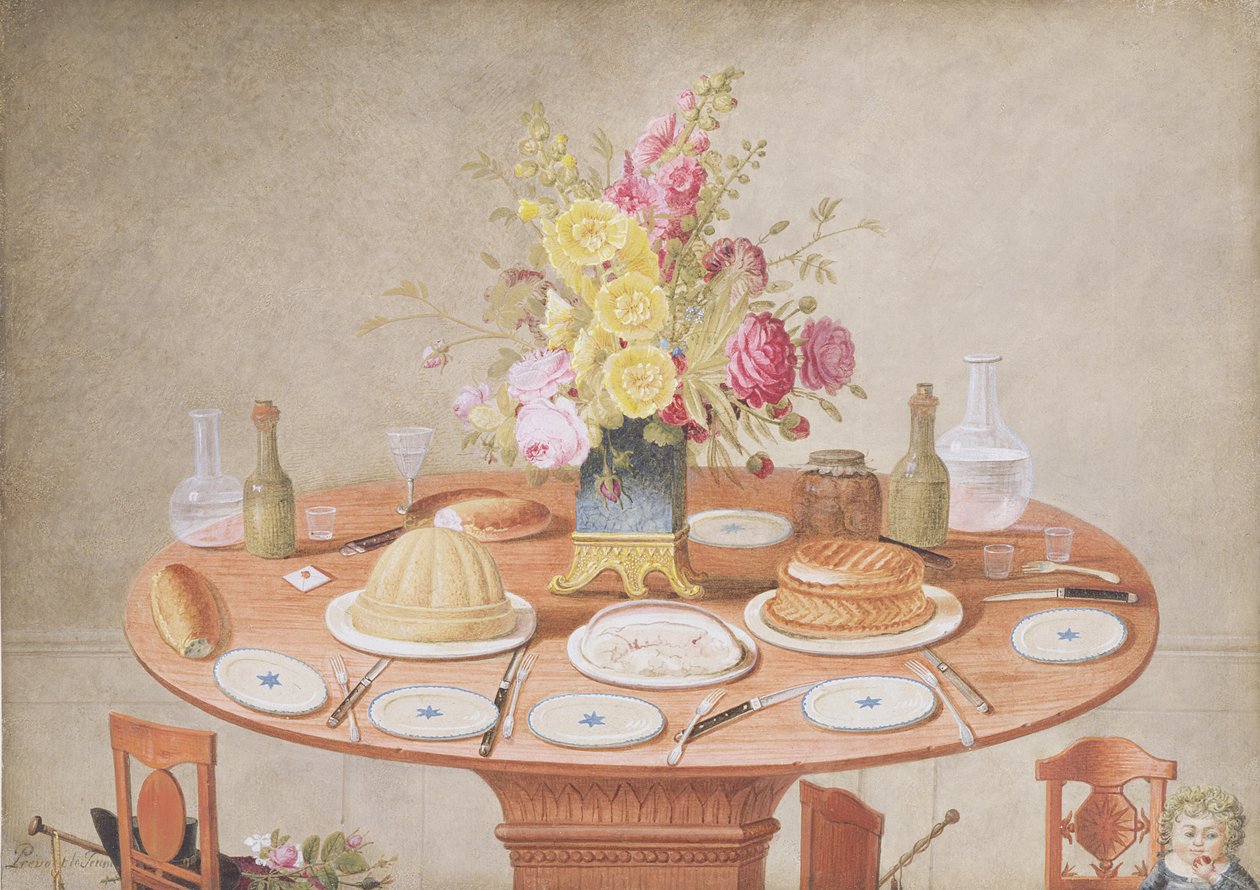 Stilleven met een vaas bloemen op een gedekte tafel, ca. 1810 door Jean Louis Prevost
