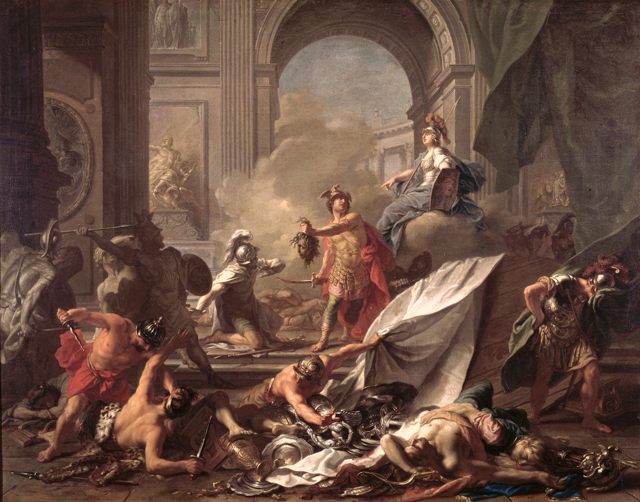 Perseus, onder de bescherming van Minerva, verandert Phineus in steen door het hoofd van Medusa te tonen door Jean Marc Nattier