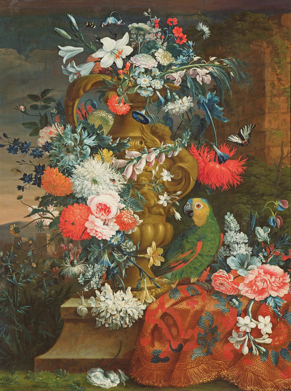 Boeket bloemen en een papegaai door Jean Picart