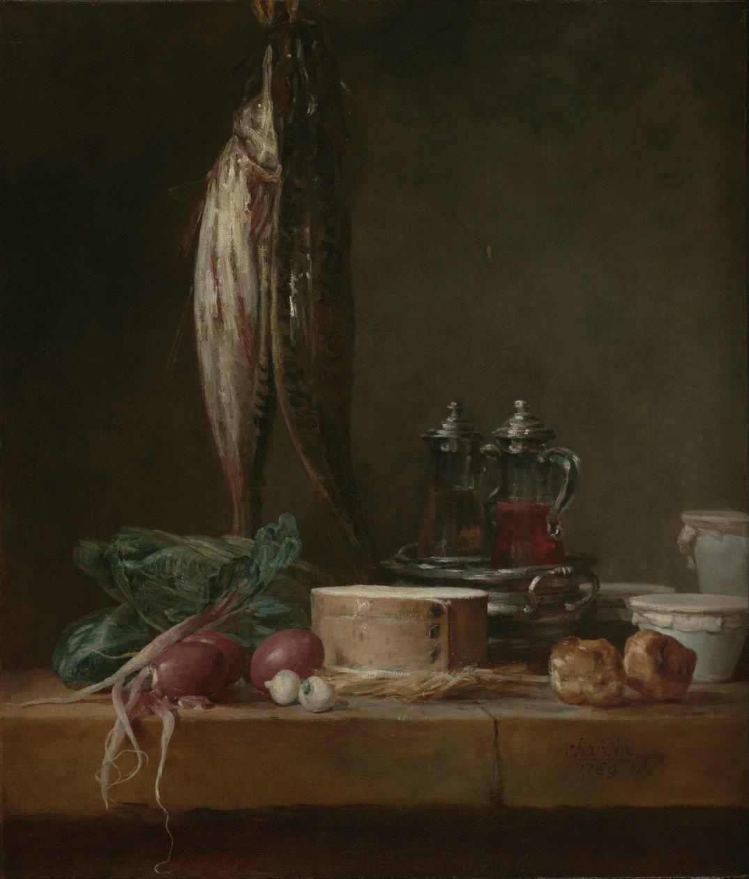 Stilleven met vis, groenten, gougères, potten en kruiken op een tafel door Jean Baptiste Simeon Chardin