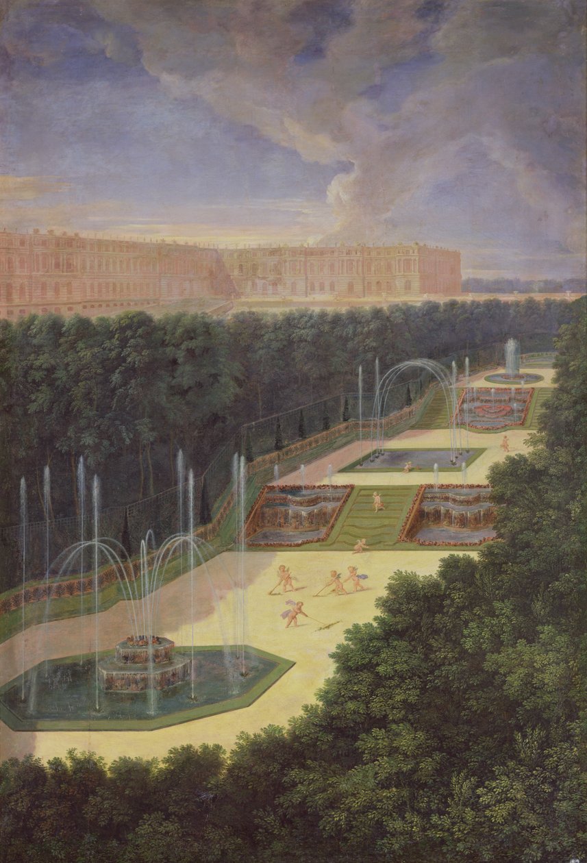 De Grotten van Versailles, Perspectief van de Drie Fonteinen met Cherubijnen die Harken en Water geven, 1688 door Jean the Younger Cotelle