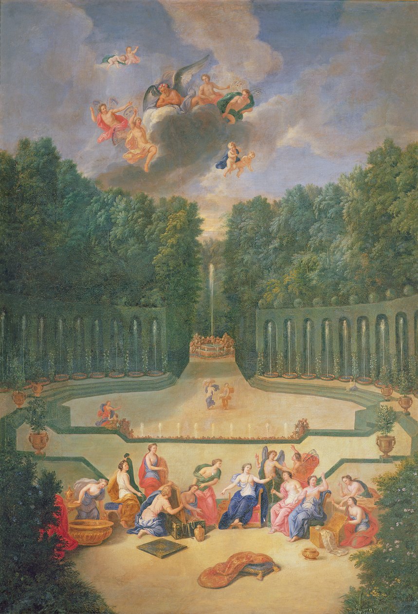 De Bossen van Versailles. Uitzicht op het Amfitheater en het Watertheater met Venus omringd door de uren in aanwezigheid van Uranus door Jean the Younger Cotelle