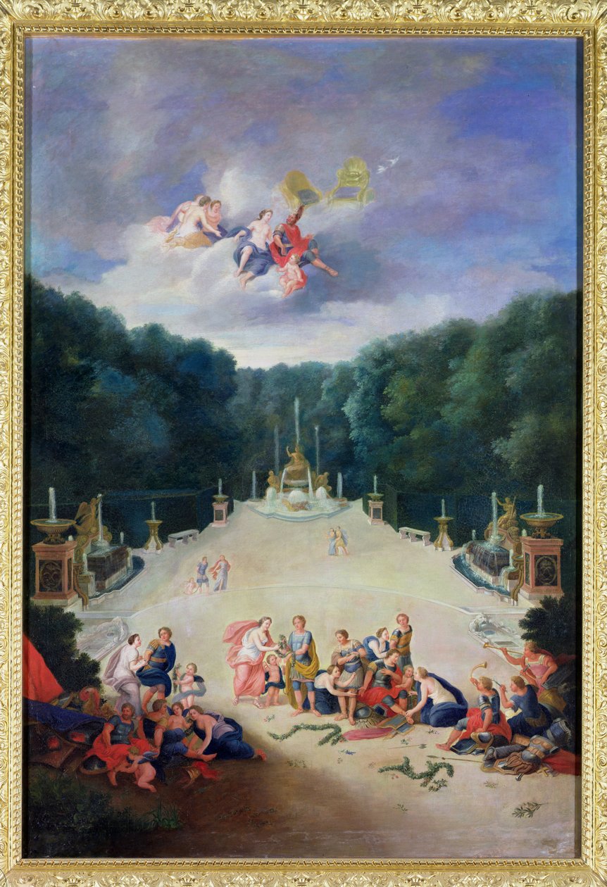 De Groves van Versailles. Uitzicht op de Arc de Triomphe en Frankrijk Triomfantelijk met Nimfen die Gevangenen Ketenen voor Venus en Mars, 1688 door Jean the Younger Cotelle