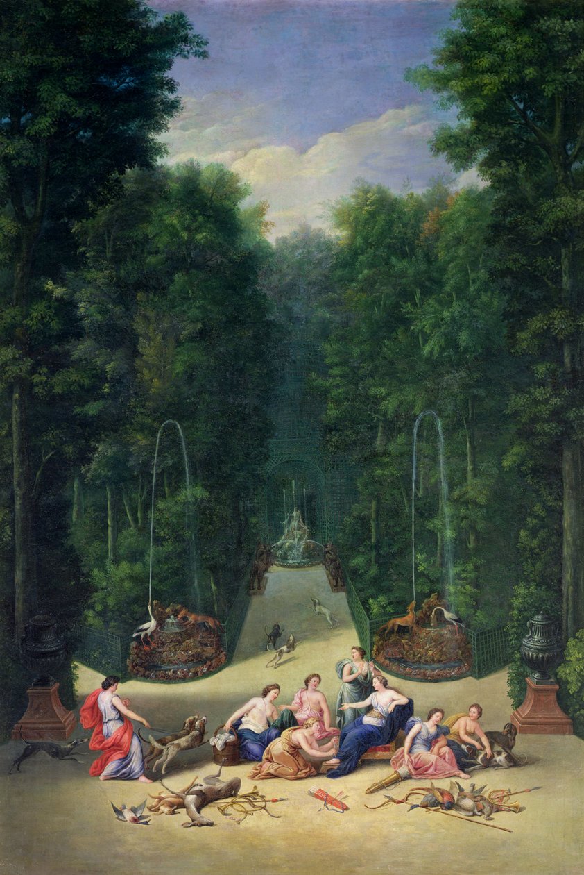 De bossen van Versailles: Uitzicht op het doolhof met Diana en haar nimfen door Jean the Younger Cotelle