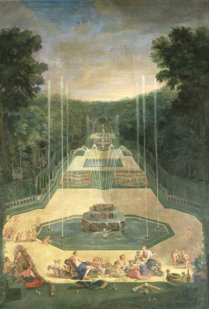 De bossen van Versailles. Uitzicht op de Drie Fonteinen met Venus en cherubijnen die oefenen met bogen en pijlen, 1688 door Jean the Younger Cotelle