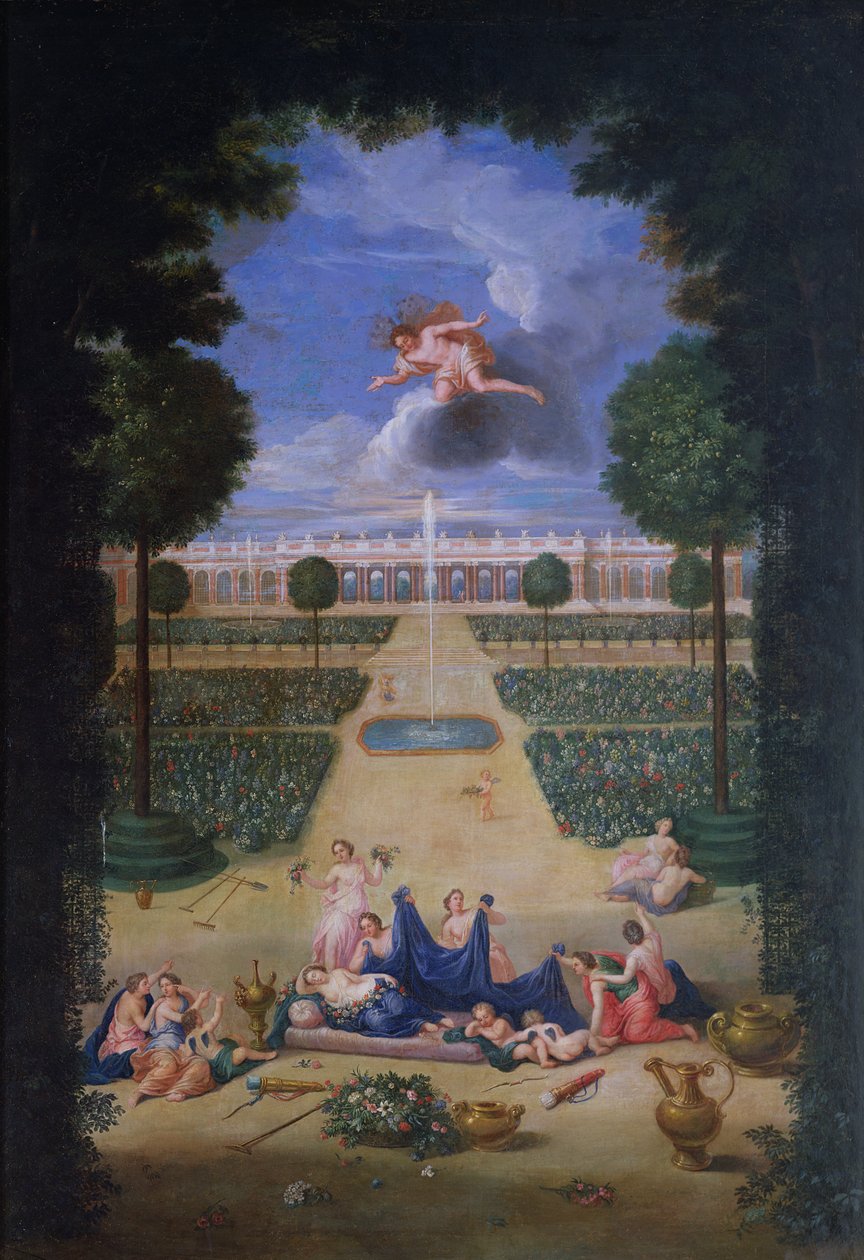 De bossen van Versailles. Uitzicht op de parterres van Trianon met Flora en Zephyr door Jean the Younger Cotelle