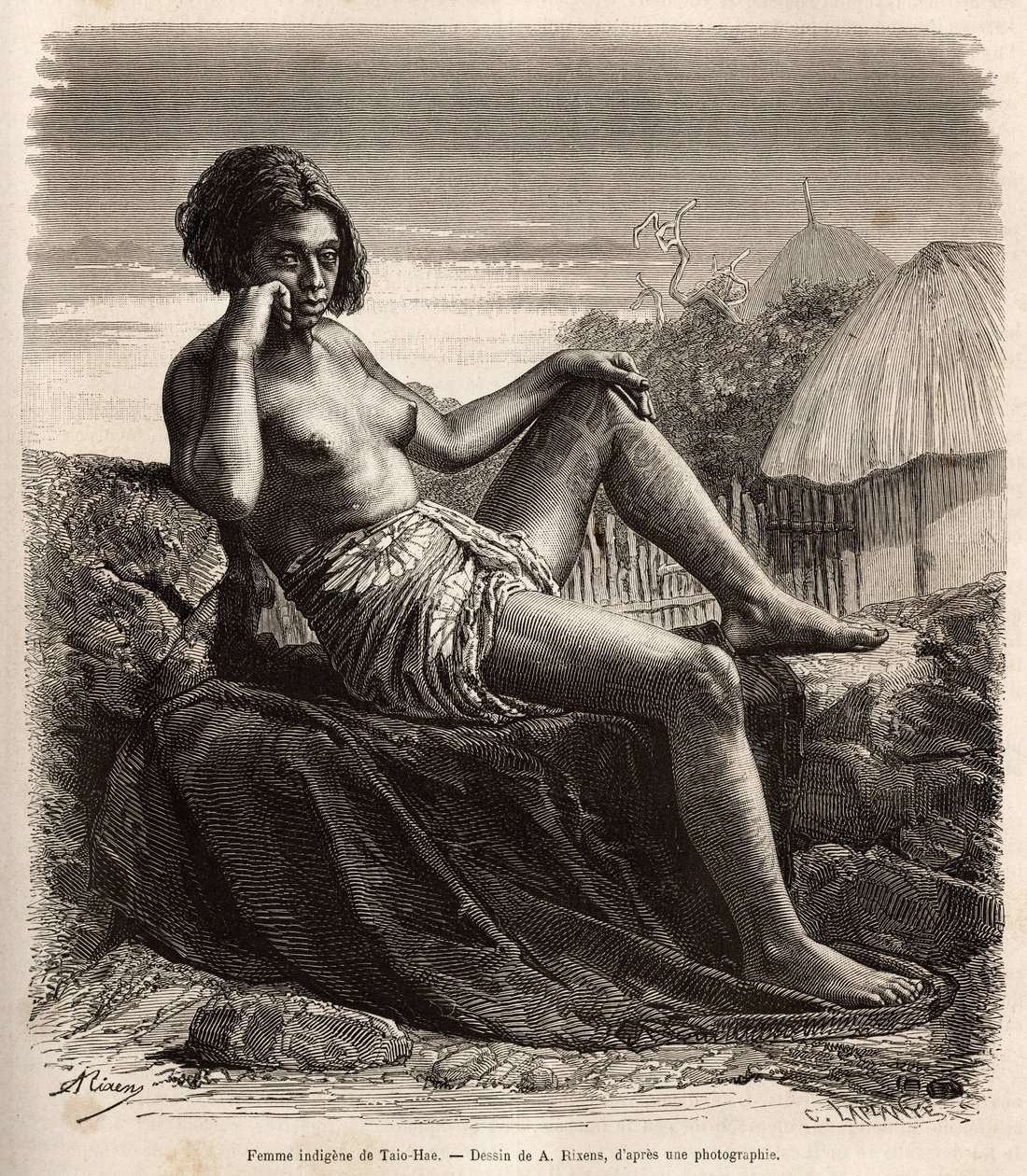 Inheemse vrouw van Taio-Hae, Marquises, toont haar getatoeëerde benen. Gravure naar een tekening van A. Rixens. door Jean Andre Rixens