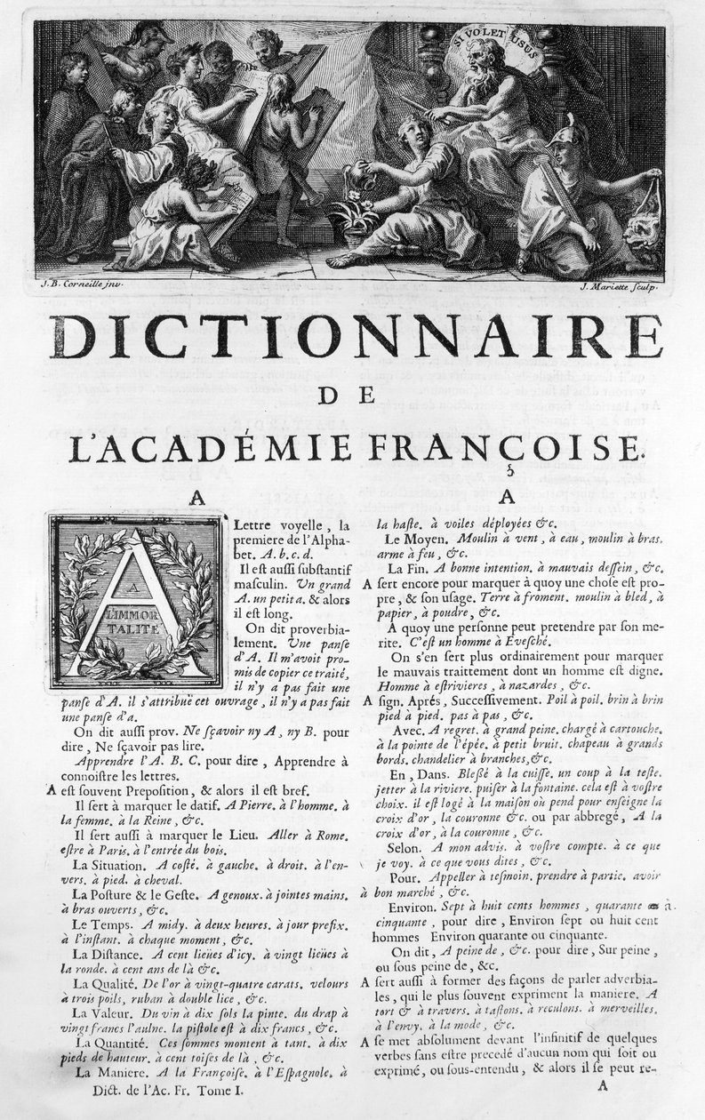 Frontispice voor het woordenboek van de Franse Academie, gegraveerd door Jean Mariette door Jean Baptiste Corneille