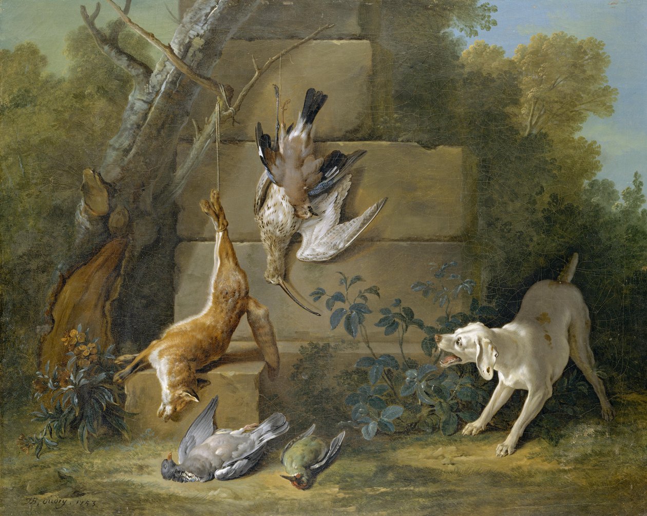 Hond bewaakt dood wild door Jean Baptiste Oudry