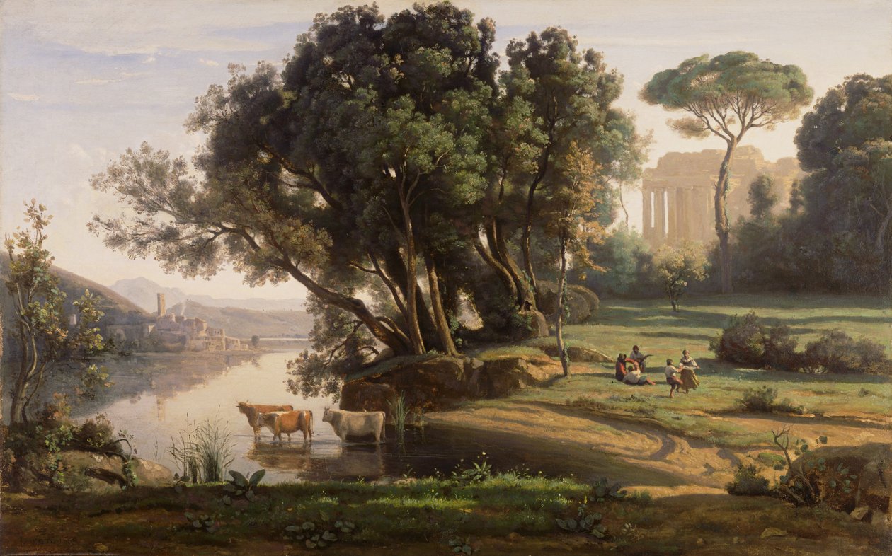 Italiaans landschap (Plaats in Italië, opgaande zon) door Jean-Baptiste-Camille Corot