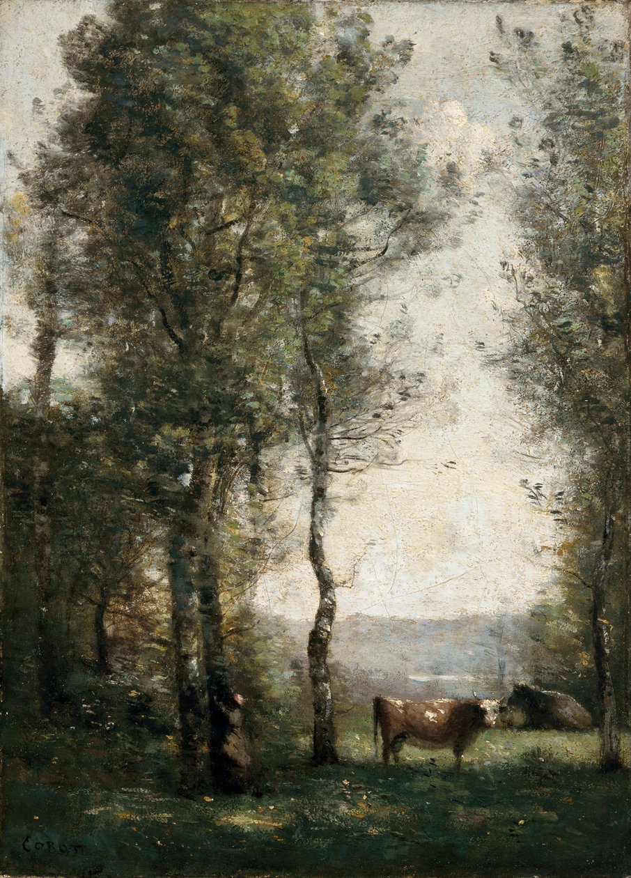 Boslandschap met koeien in een open plek door Jean-Baptiste-Camille Corot