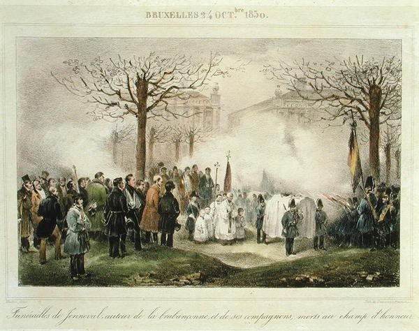 De begrafenis van Louis-Alexandre Dechet (Jenneval) en zijn metgezellen die stierven op het ereveld, 24 oktober 1830, gegraveerd door Dewasme-Pletinckx door Jean Baptiste (after) Madou