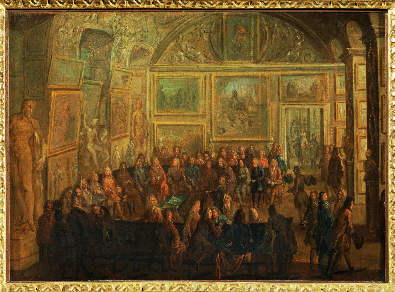 Zicht op de Salon de Diane in het Louvre;een zitting van de Academie voor Schilderkunst ... door Jean Baptiste (after) Martin
