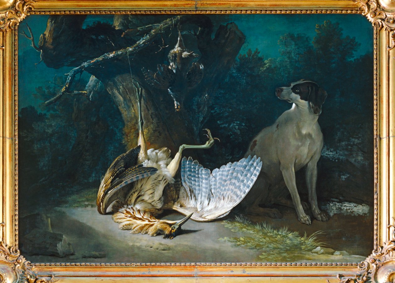 Butor et perdrix gardes par un chien blanc - Roerdomp en patrijs gardes par un chien blanc ... door Jean-Baptiste (school of) Oudry