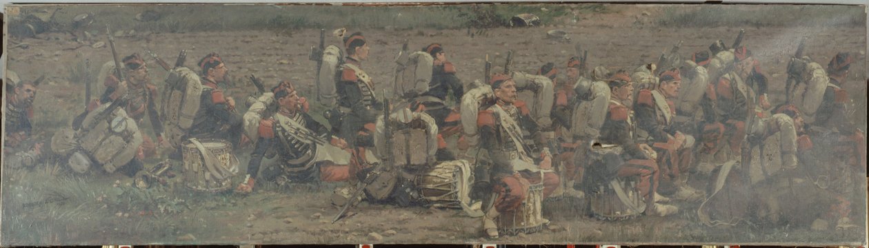 Militaire scène: de trommels van het 1e Regiment van de Grenadiers de la Garde (fragment van het Rezonville panorama) door Jean Baptiste Edouard Detaille