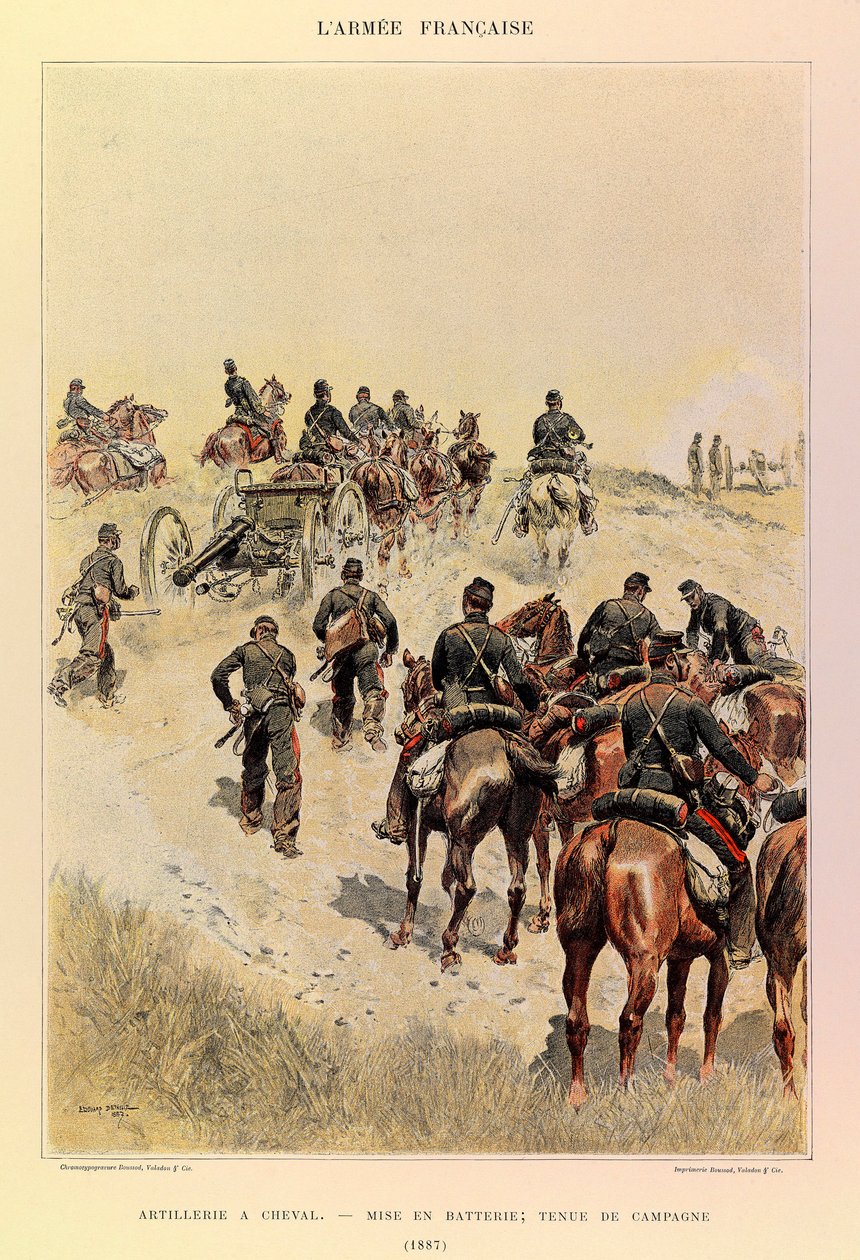 Typen en uniformen van het Franse leger van Kapitein Jules Richard, geïllustreerd door Edouard Detaille (1848-1912): Artillerie te paard; Batterijen; Veldkleding in 1887, Privécollectie door Jean Baptiste Edouard Detaille