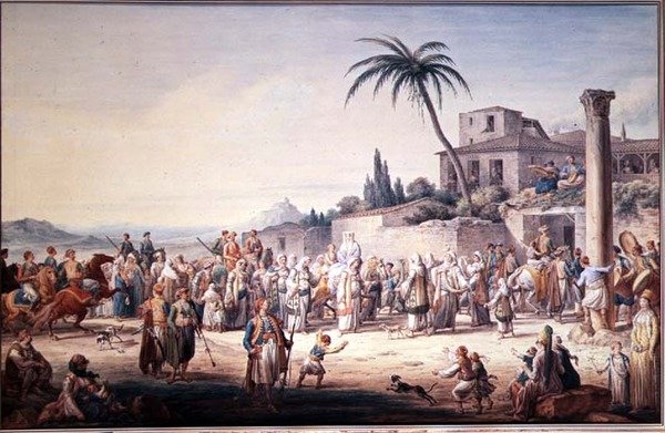 Een huwelijk in Athene, ca. 1776 door Jean Baptiste Hilair