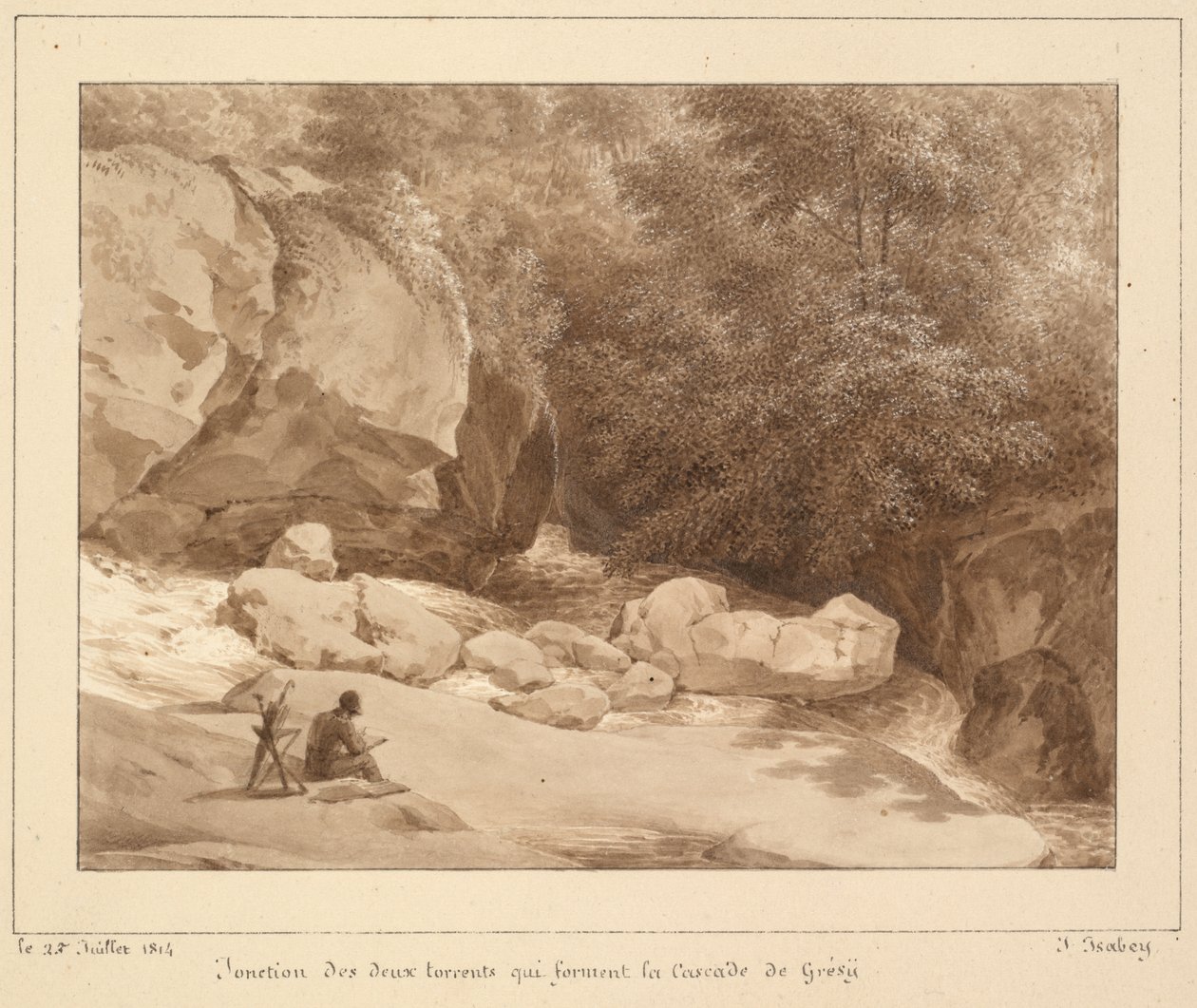 Samenvloeiing van de twee beken die de waterval van Grésy vormen door Jean-Baptiste Isabey